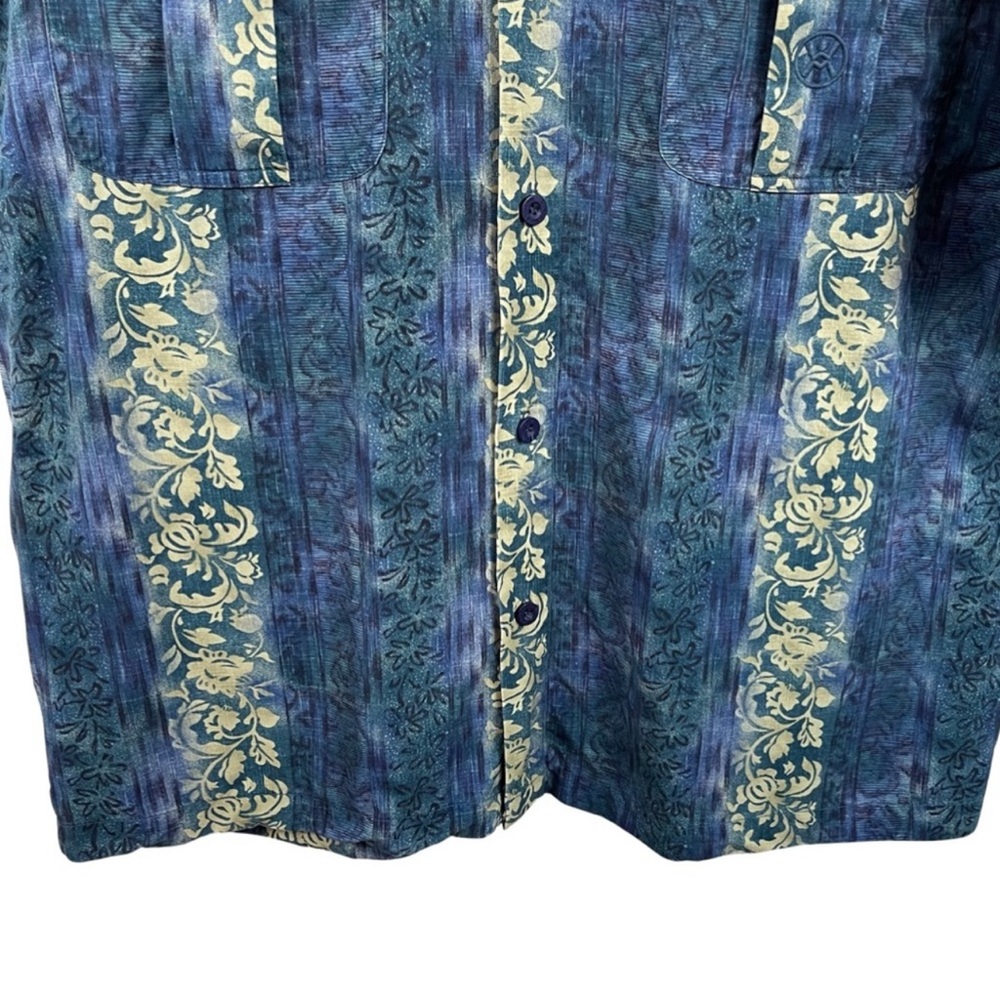 Vintage Floral Stripe Hawaiian Shirt XL Blue Tan - Picture 3 of 10